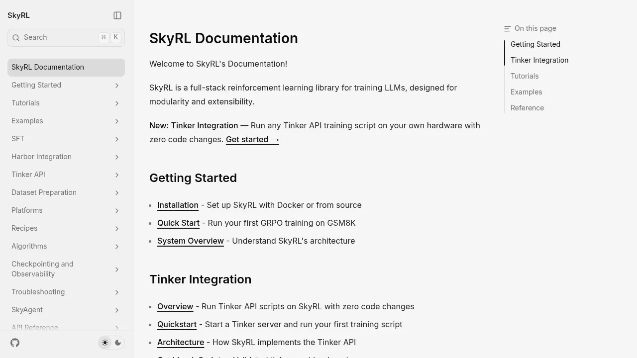 Screenshot of SkyRL website
