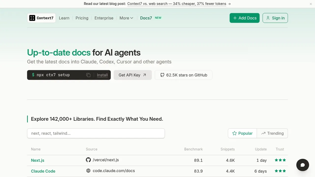 Screenshot of Context7 website