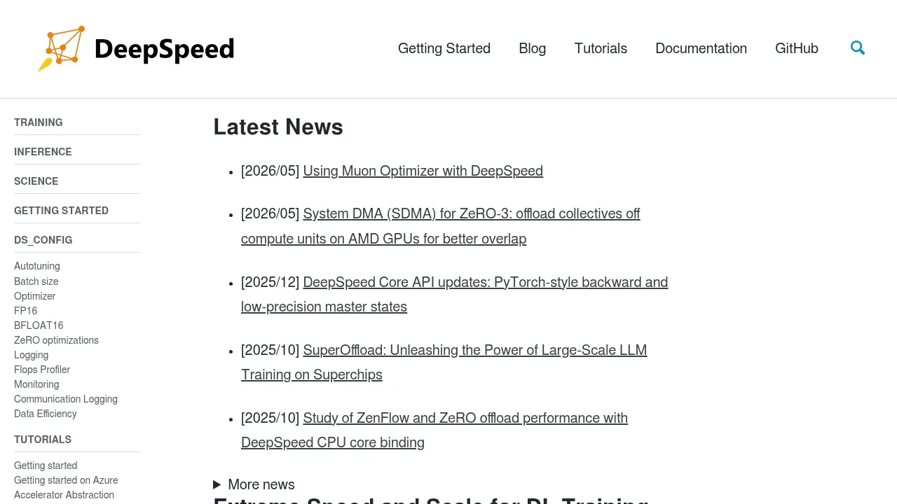Screenshot of DeepSpeed website