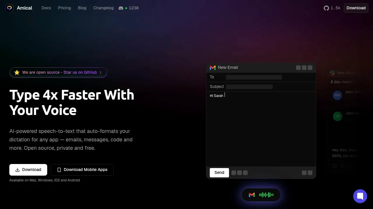 Screenshot of Amical website