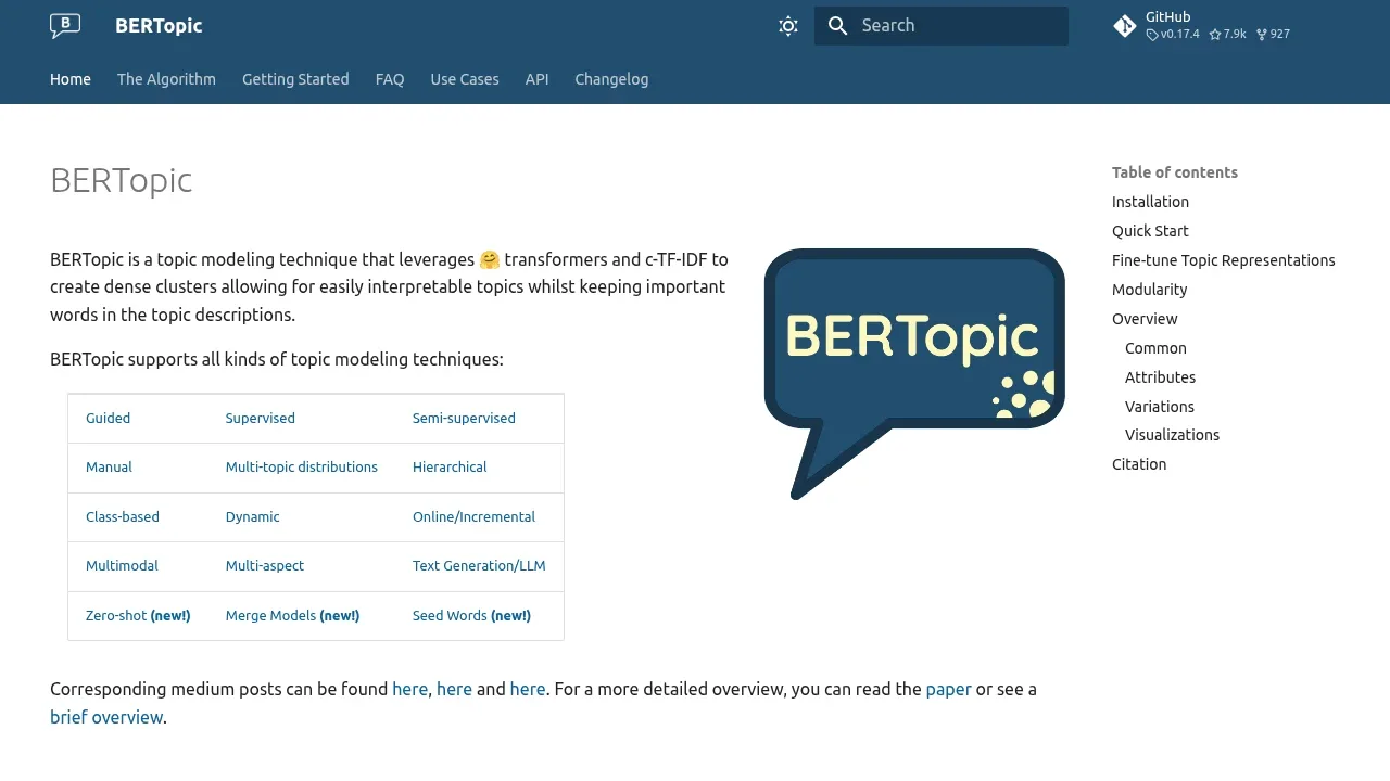Screenshot of BERTopic website
