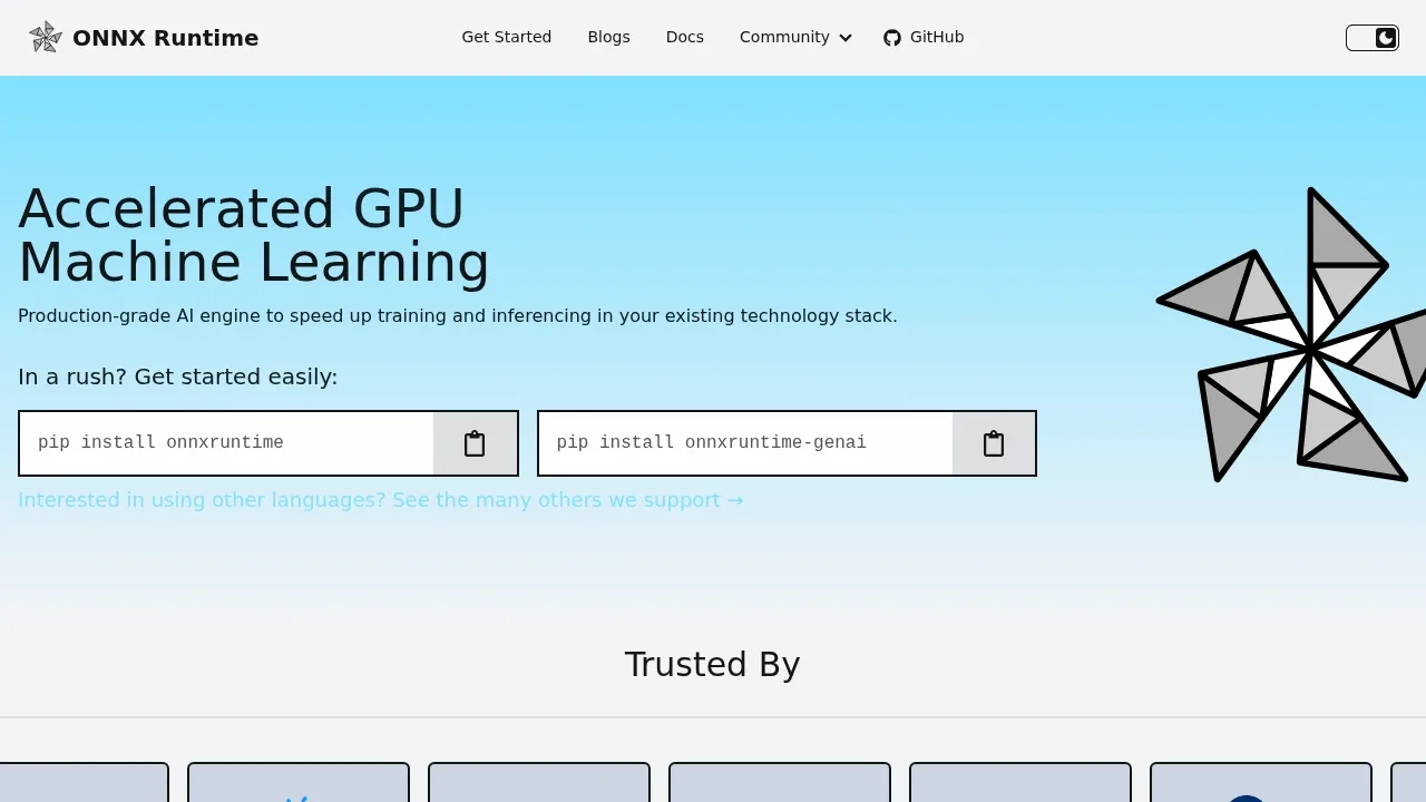 Screenshot of ONNX Runtime website