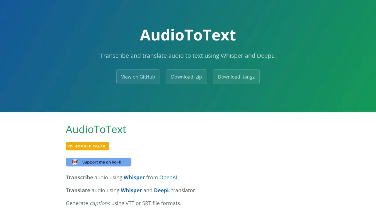 Screenshot of AudioToText website