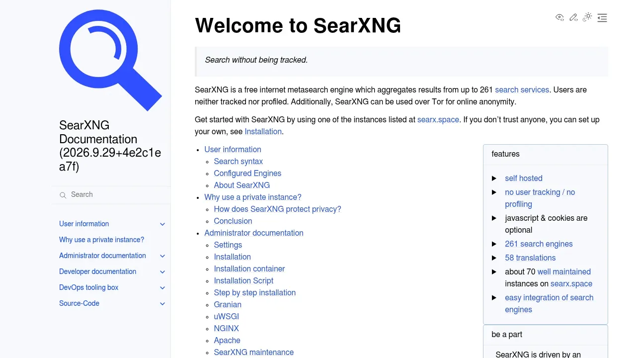 Screenshot of SearXNG website