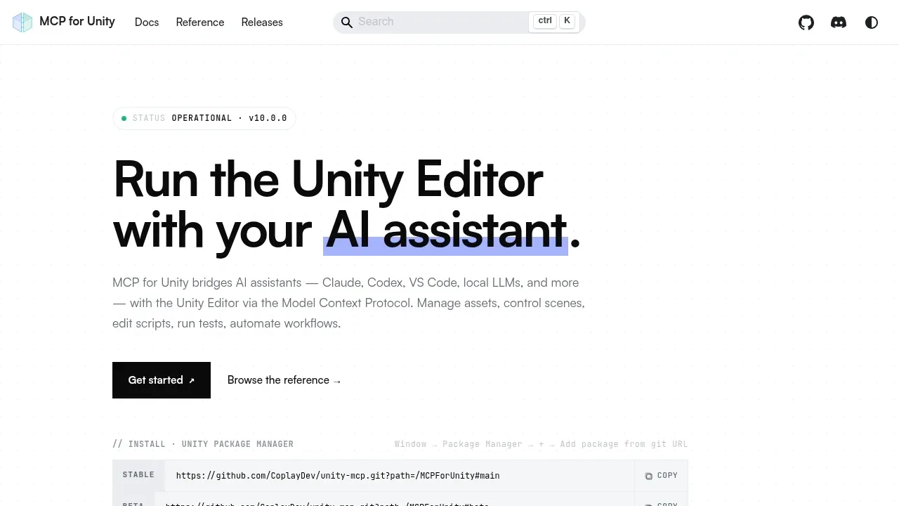 Screenshot of Unity MCP website