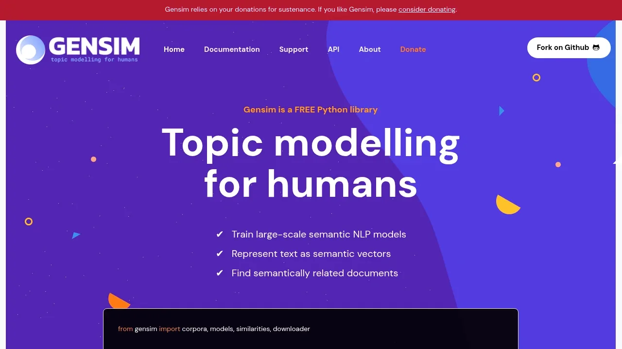 Screenshot of Gensim website