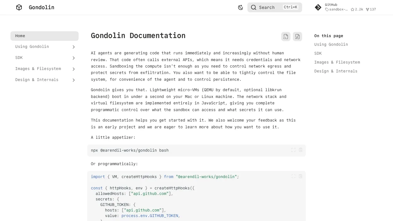Screenshot of Gondolin website
