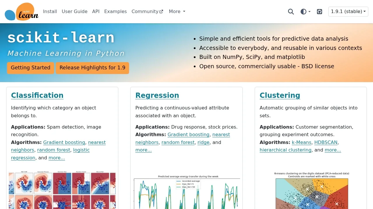 Screenshot of scikit-learn website