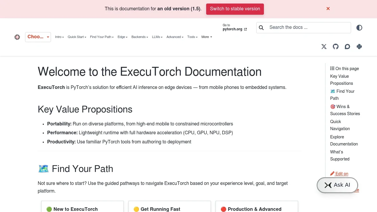 Screenshot of ExecuTorch website