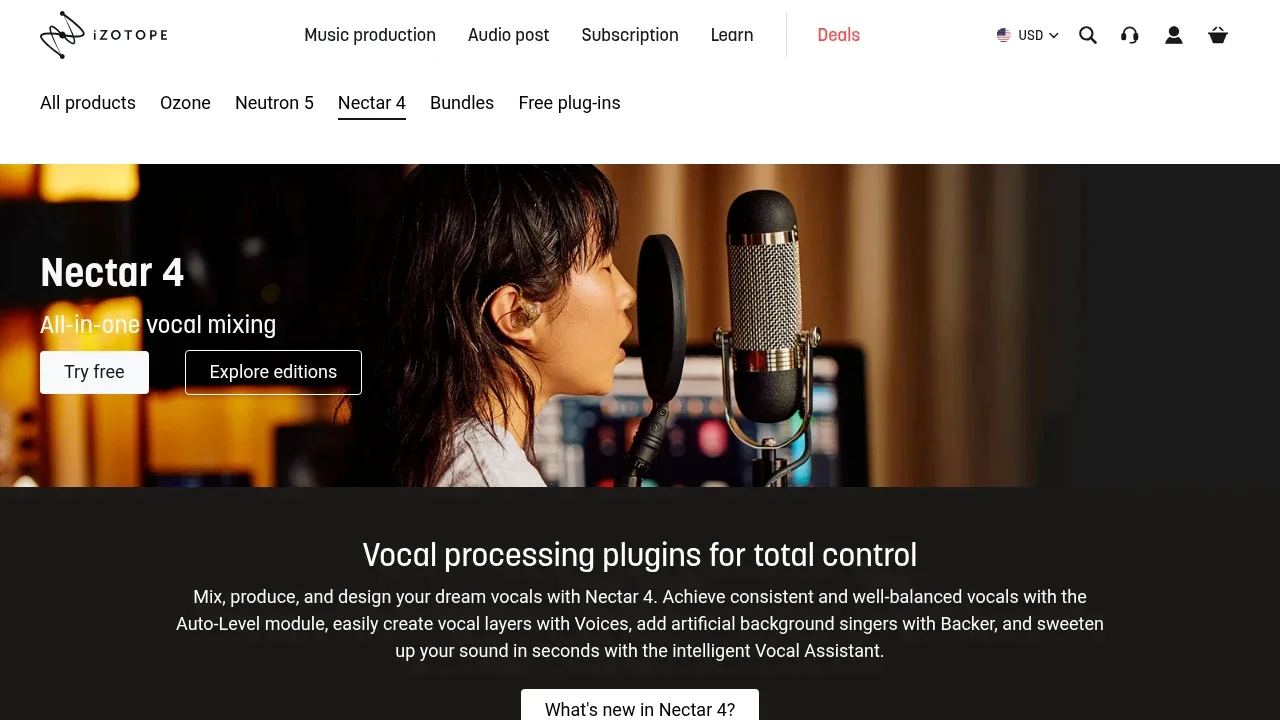 Screenshot of iZotope Nectar website