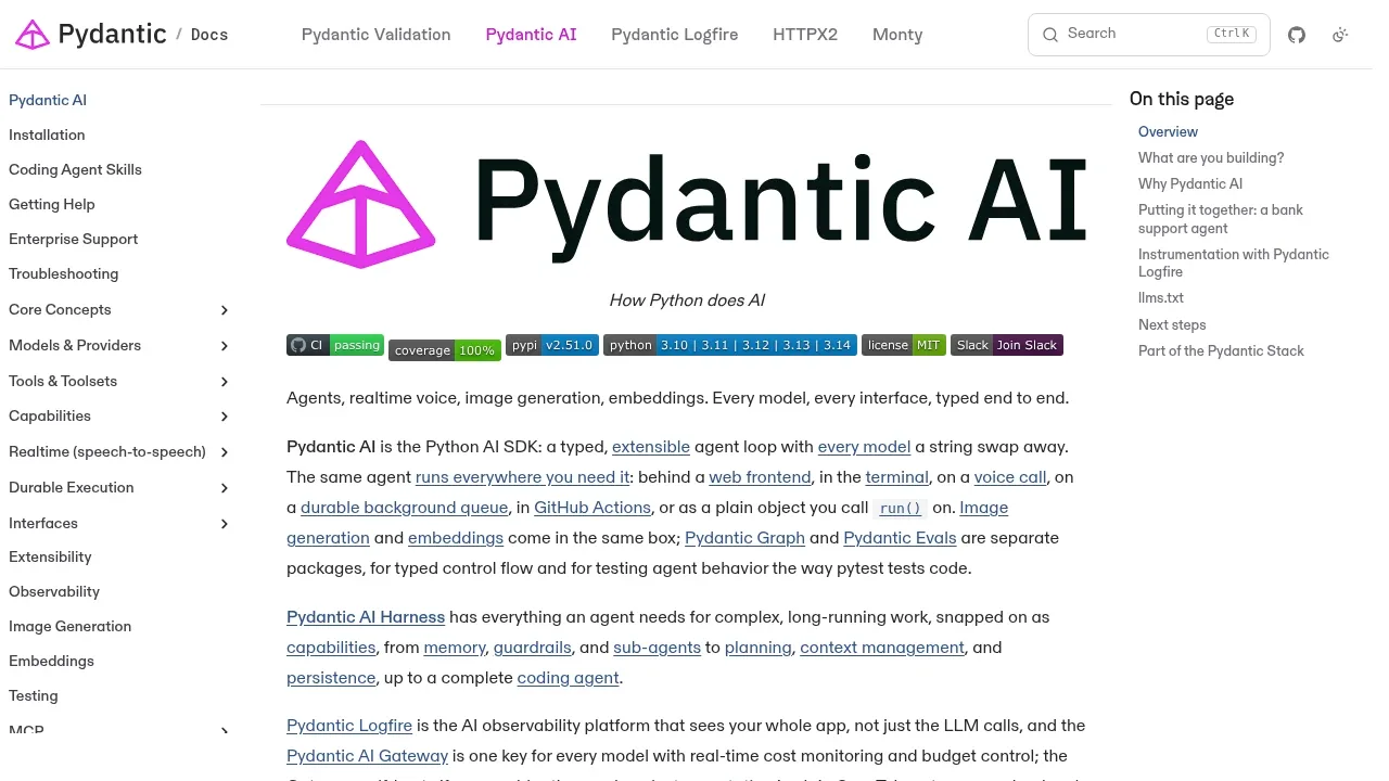 Screenshot of Pydantic AI website