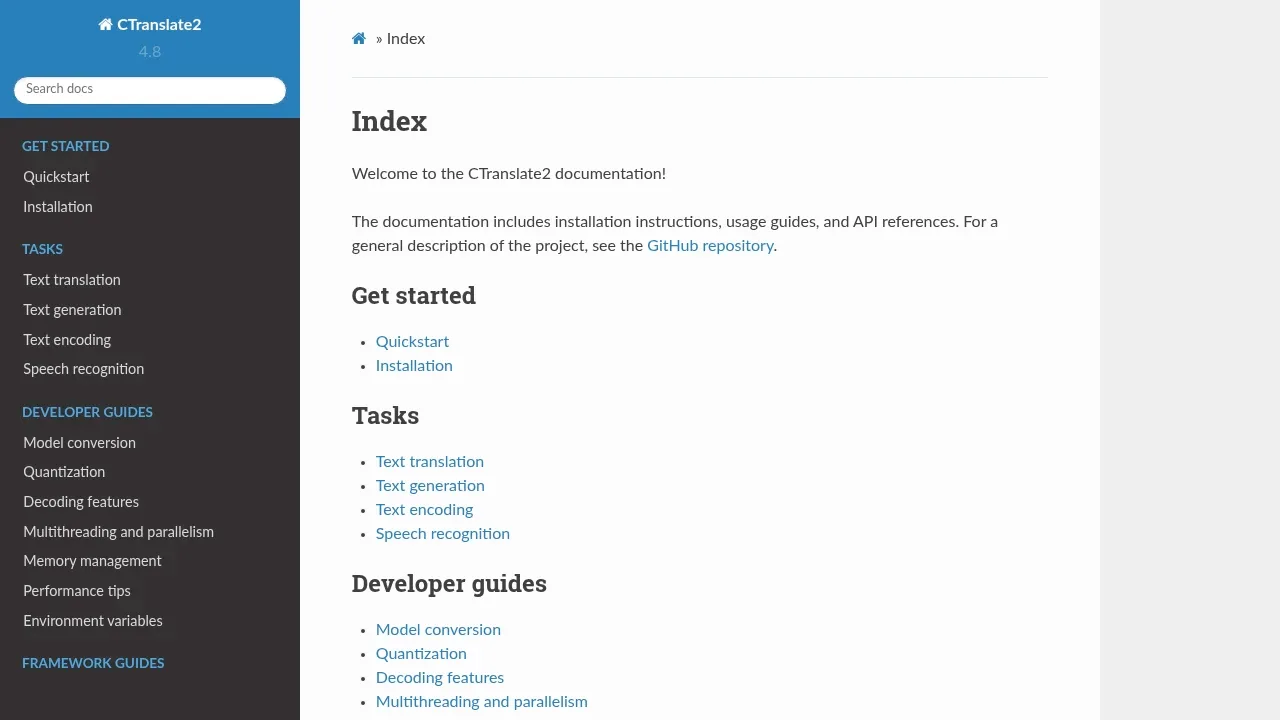 Screenshot of CTranslate2 website