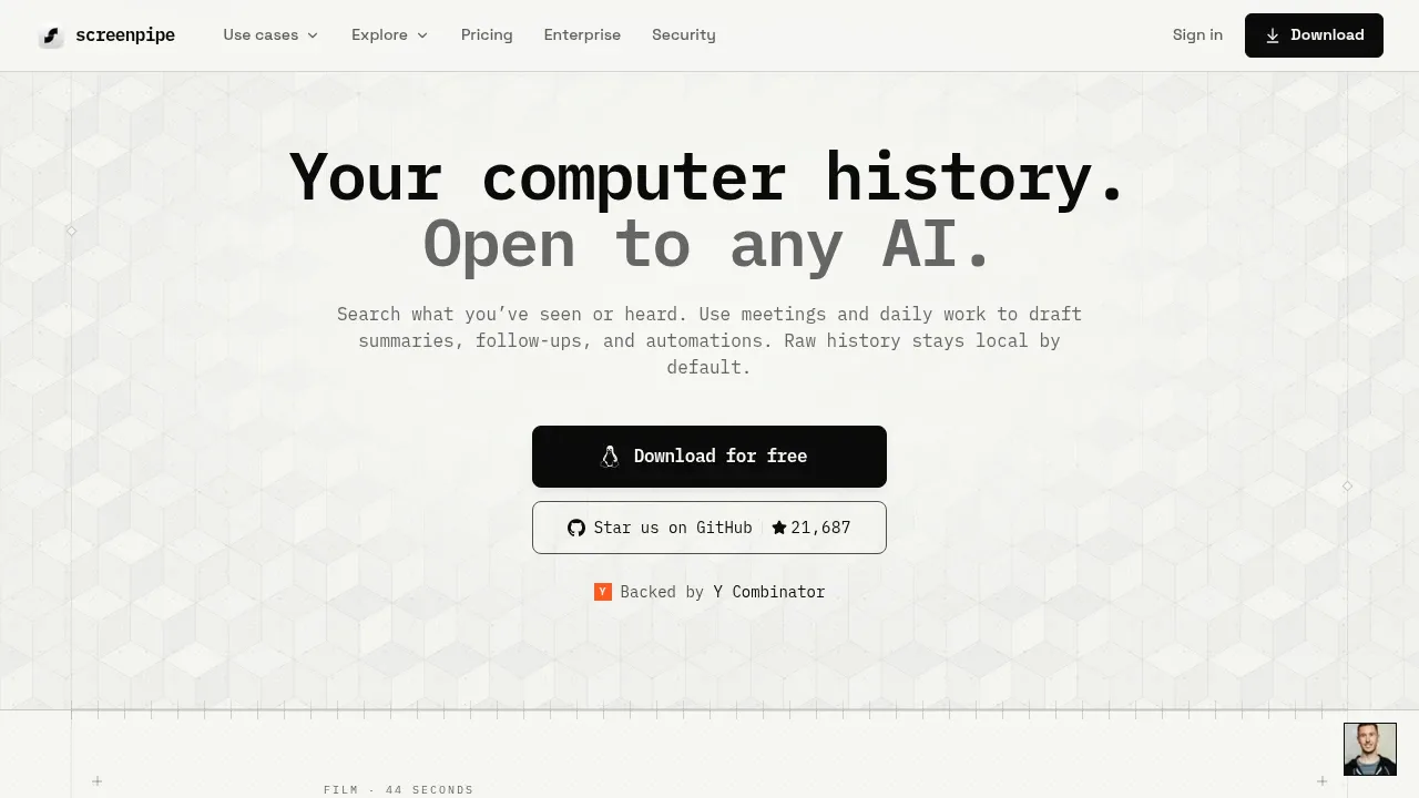 Screenshot of Screenpipe website