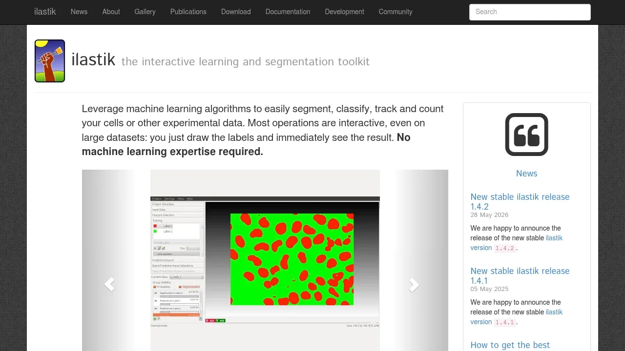 Screenshot of ilastik website