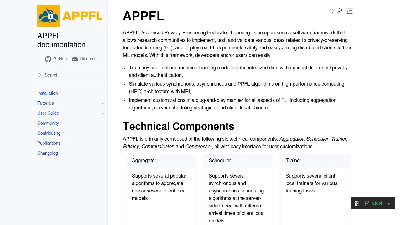Screenshot of APPFL website