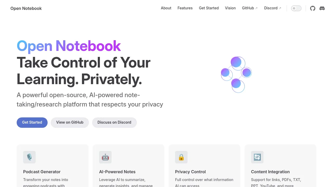 Screenshot of Open Notebook website