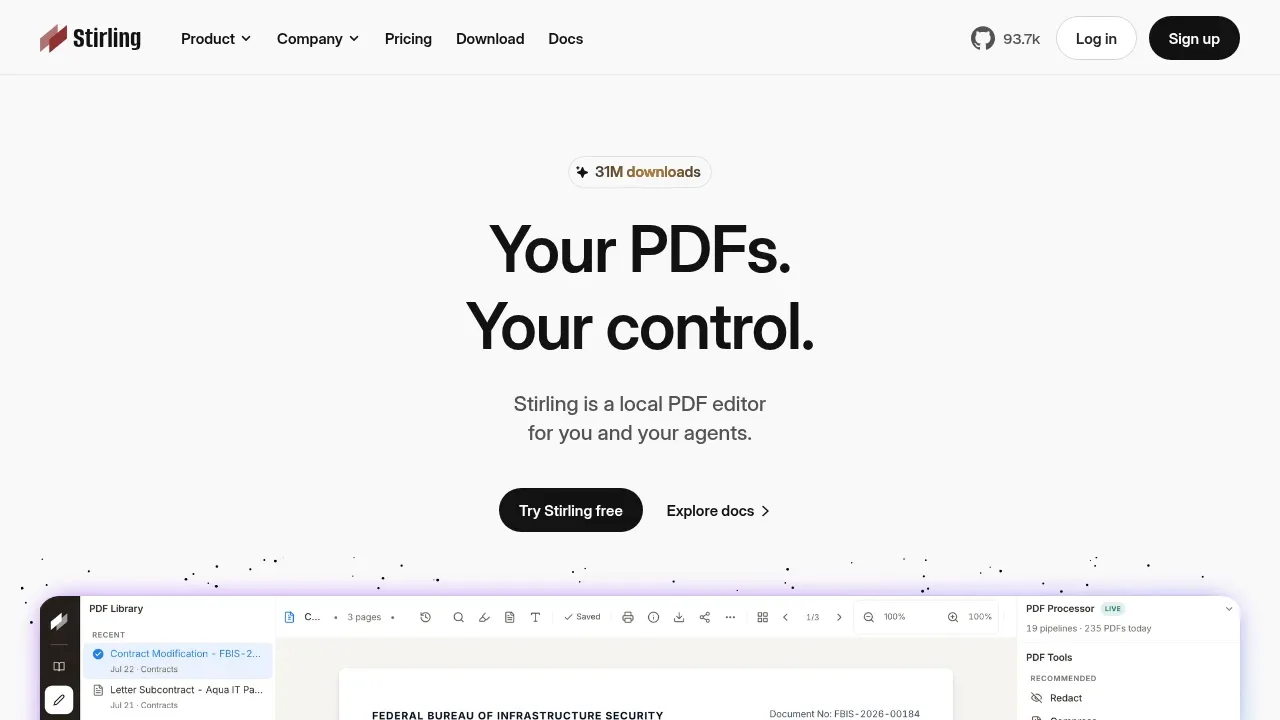 Screenshot of Stirling PDF website