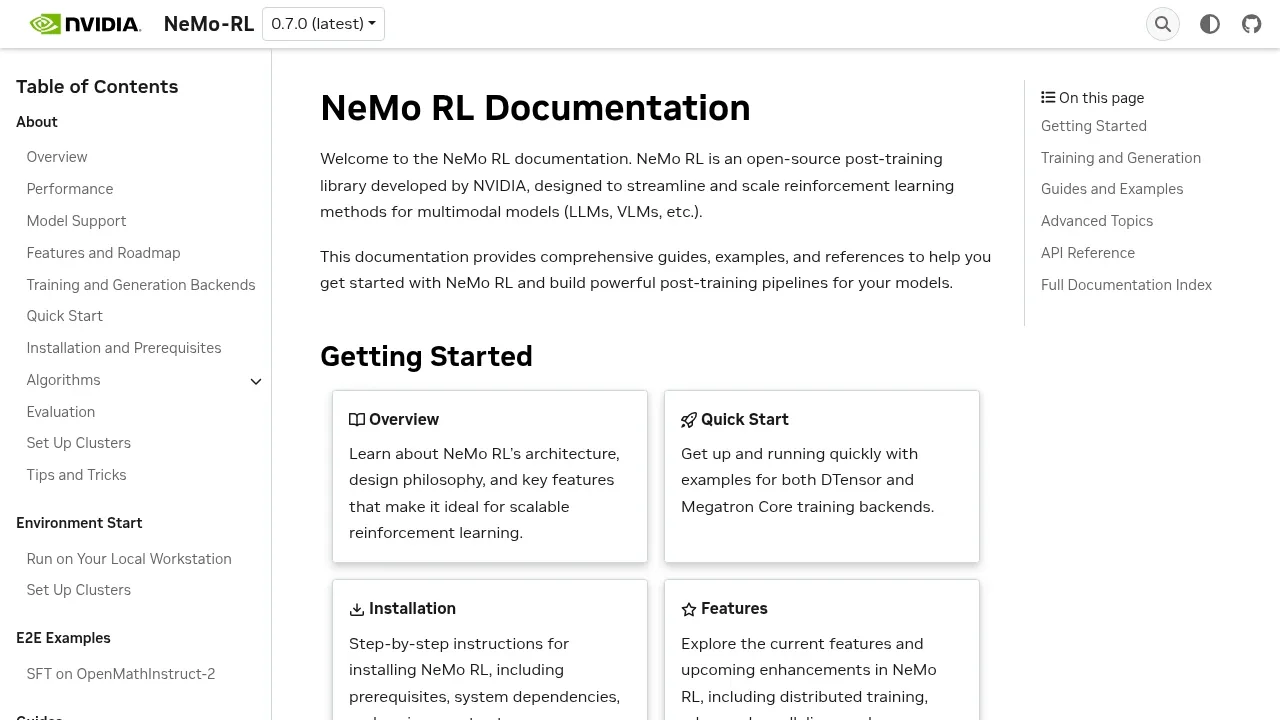 Screenshot of NeMo RL website
