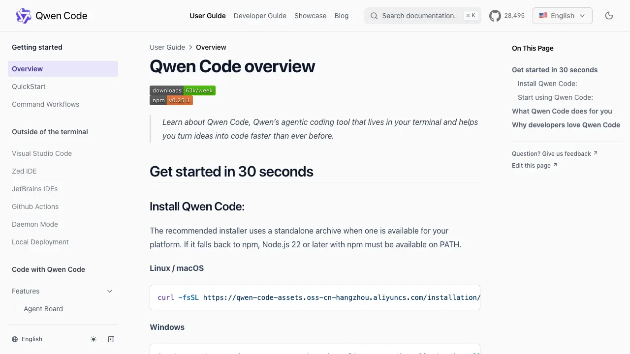 Screenshot of Qwen Code website