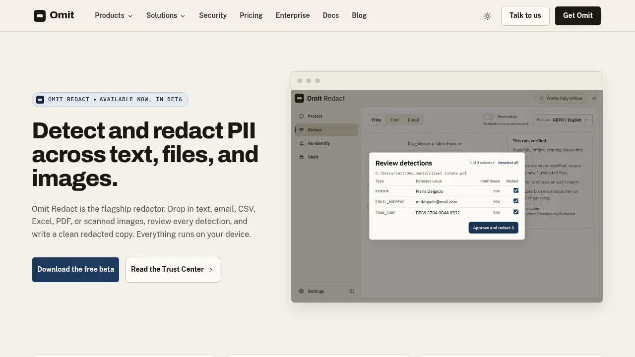 Screenshot of Omit Redact website