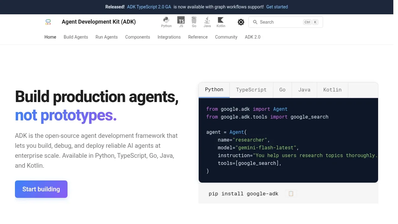 Screenshot of Google ADK website