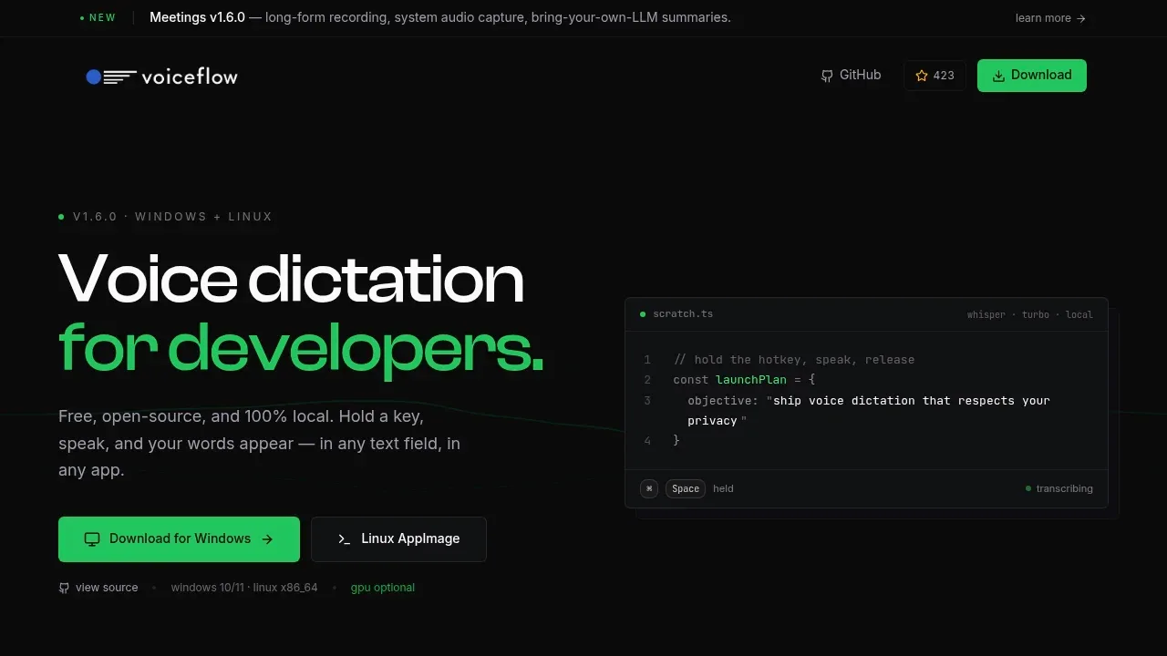 Screenshot of VoiceFlow website