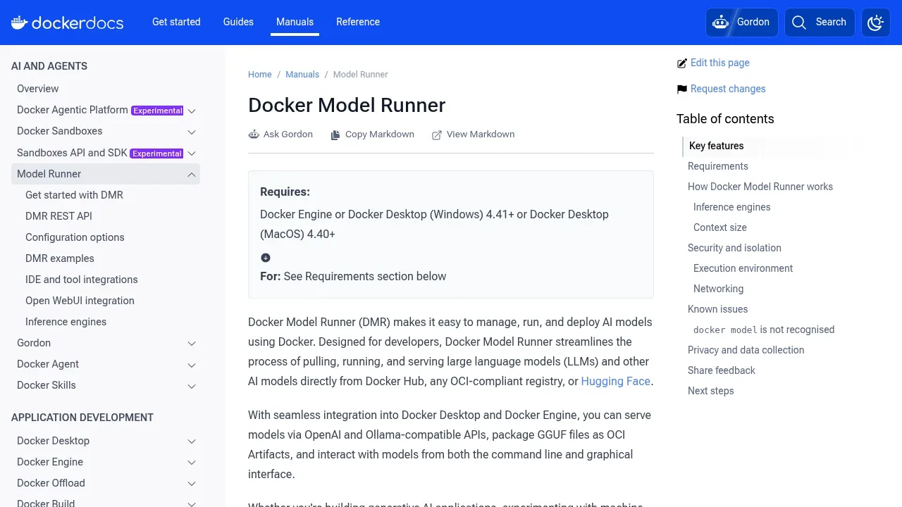 Screenshot of Docker Model Runner website