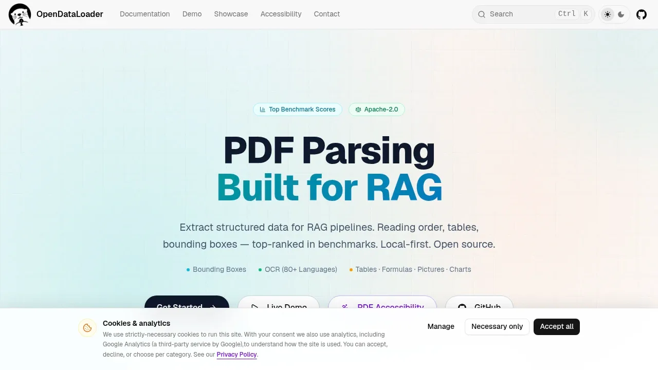 Screenshot of OpenDataLoader PDF website