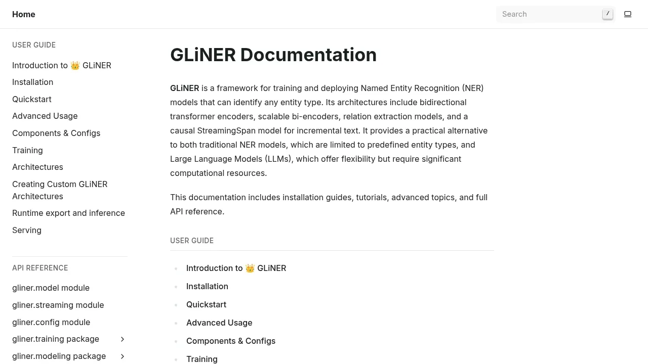 Screenshot of GLiNER website