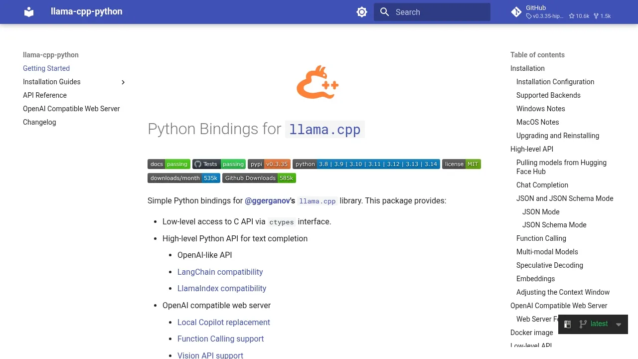 Screenshot of llama-cpp-python website