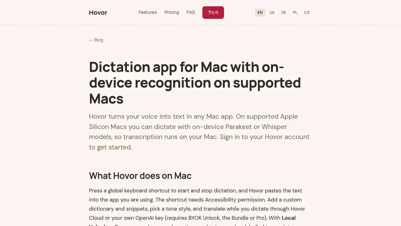 Screenshot of Hovor website