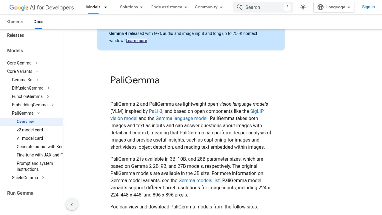 Screenshot of PaliGemma website