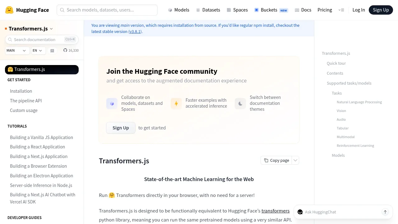 Screenshot of Transformers.js website
