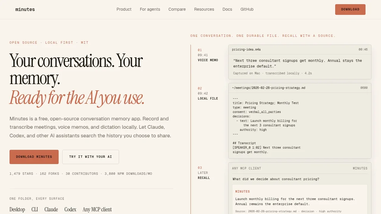 Screenshot of Minutes website