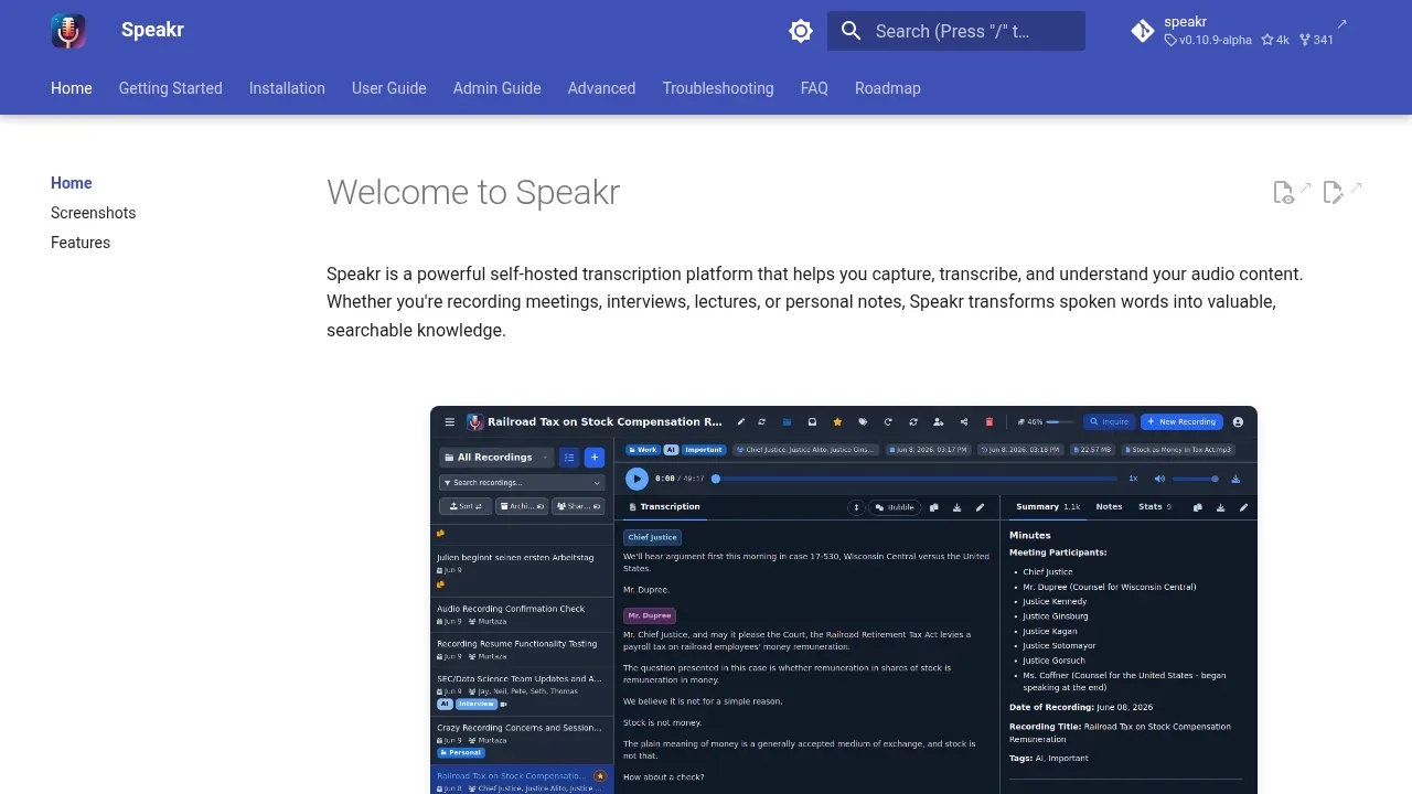 Screenshot of Speakr website