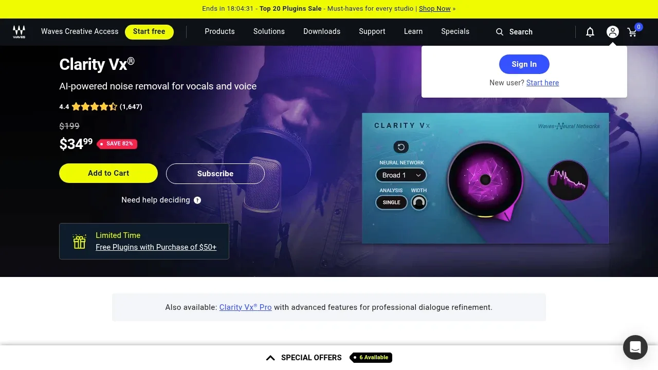 Screenshot of Waves Clarity Vx website