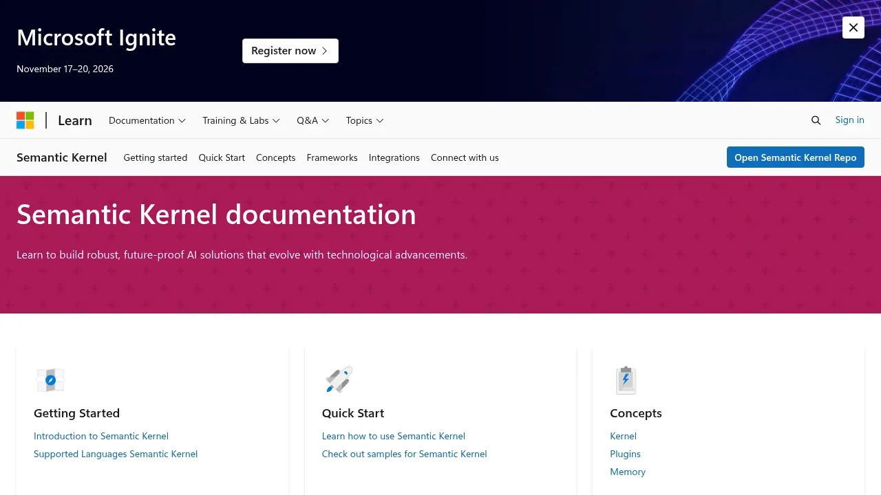 Screenshot of Semantic Kernel website