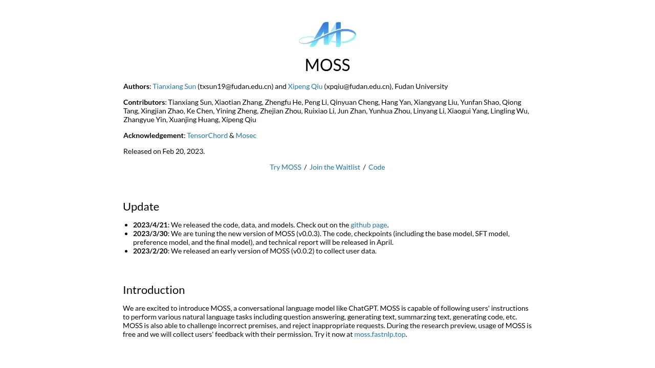 Screenshot of MOSS website