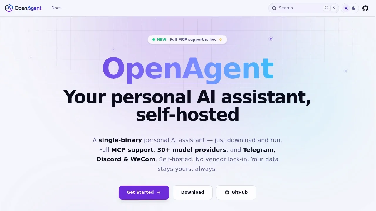 Screenshot of OpenAgent website