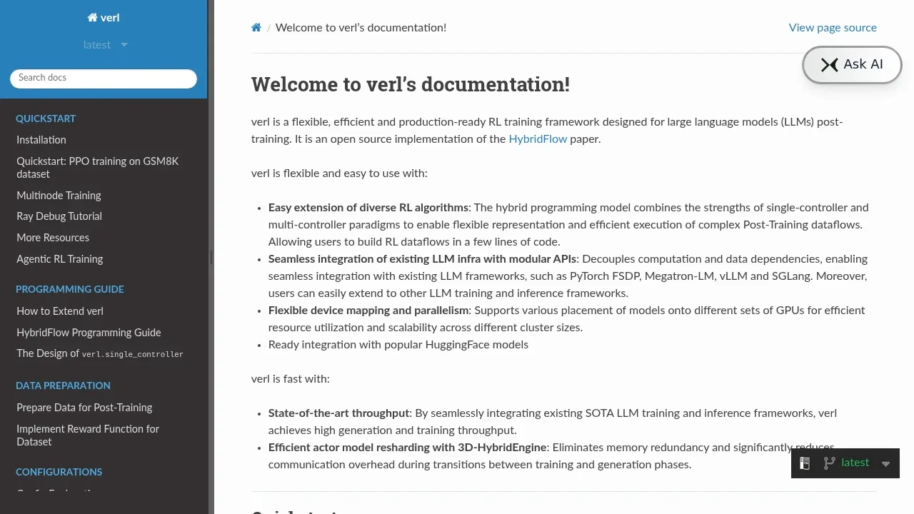 Screenshot of verl website