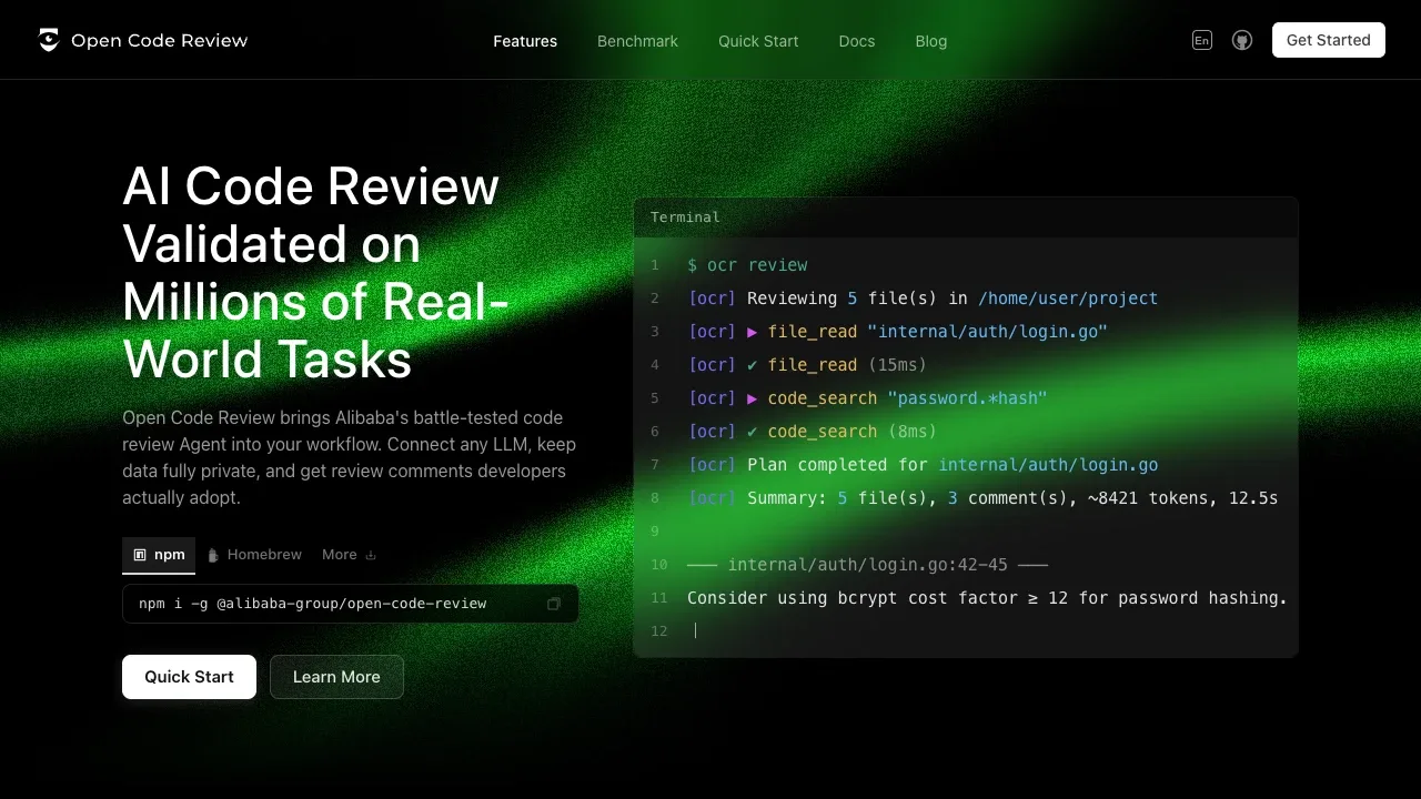 Screenshot of OpenCodeReview website