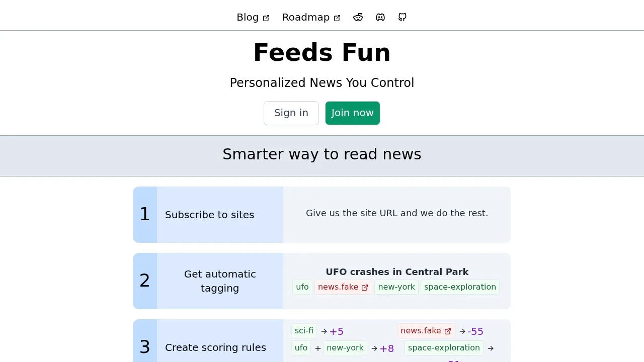 Screenshot of Feeds Fun website