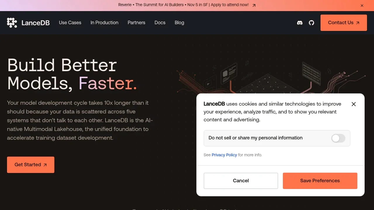 Screenshot of LanceDB website