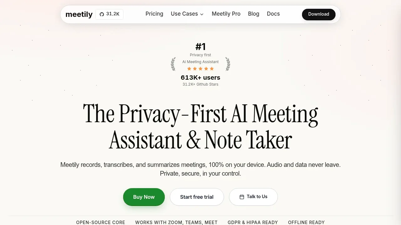 Screenshot of Meetily website