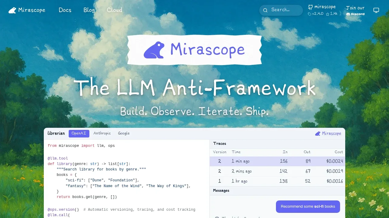 Screenshot of Mirascope website