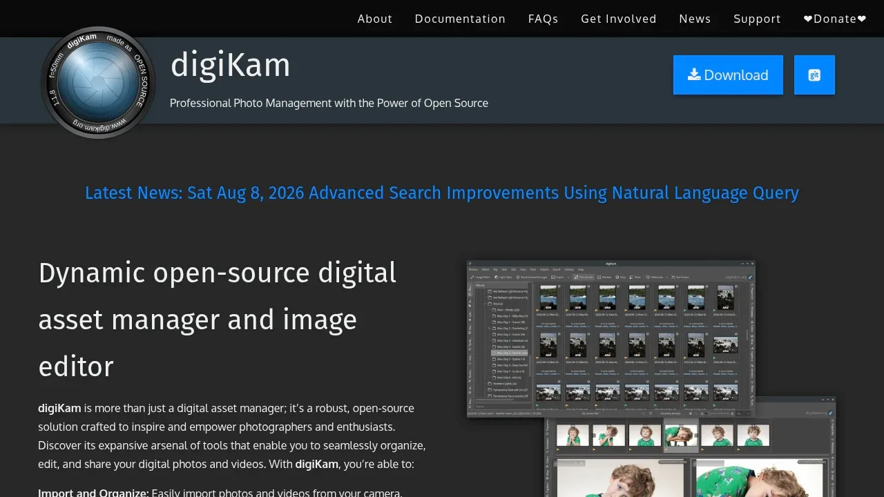 Screenshot of digiKam website