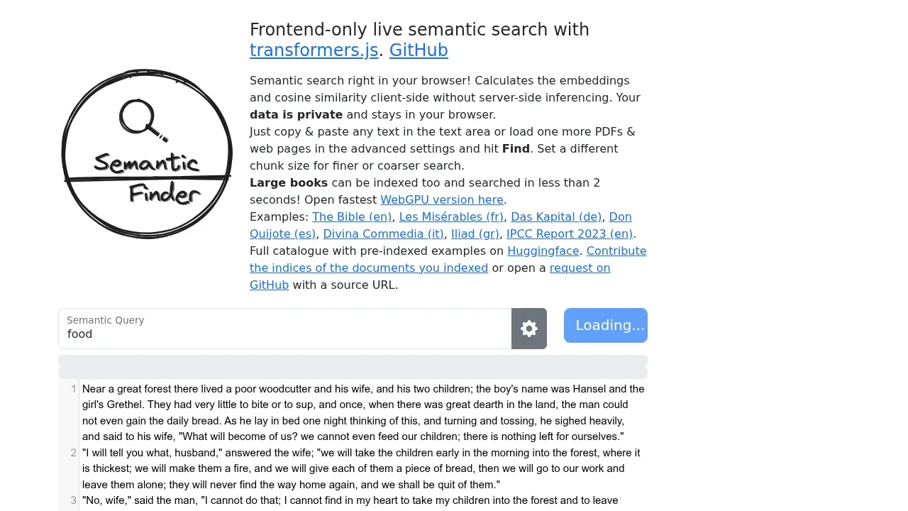 Screenshot of SemanticFinder website