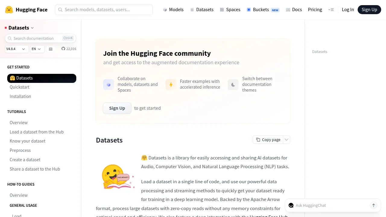Screenshot of Hugging Face Datasets website
