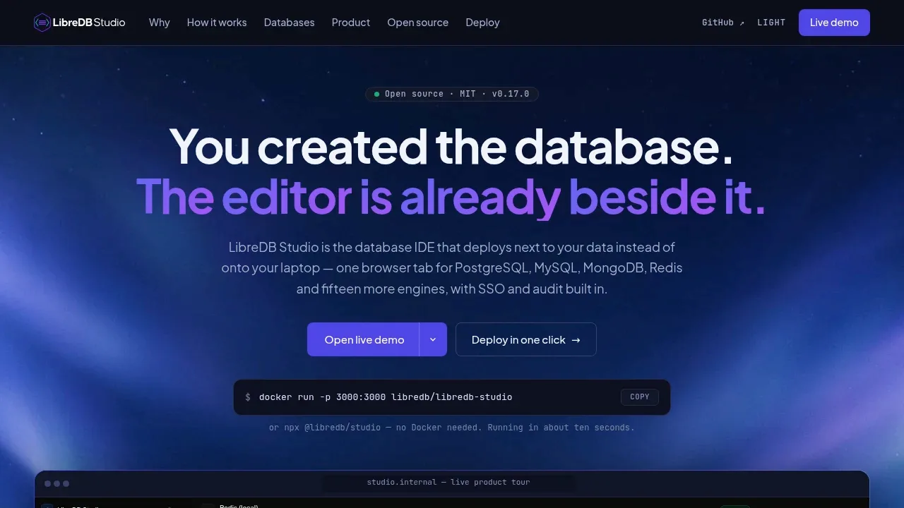 Screenshot of LibreDB Studio website