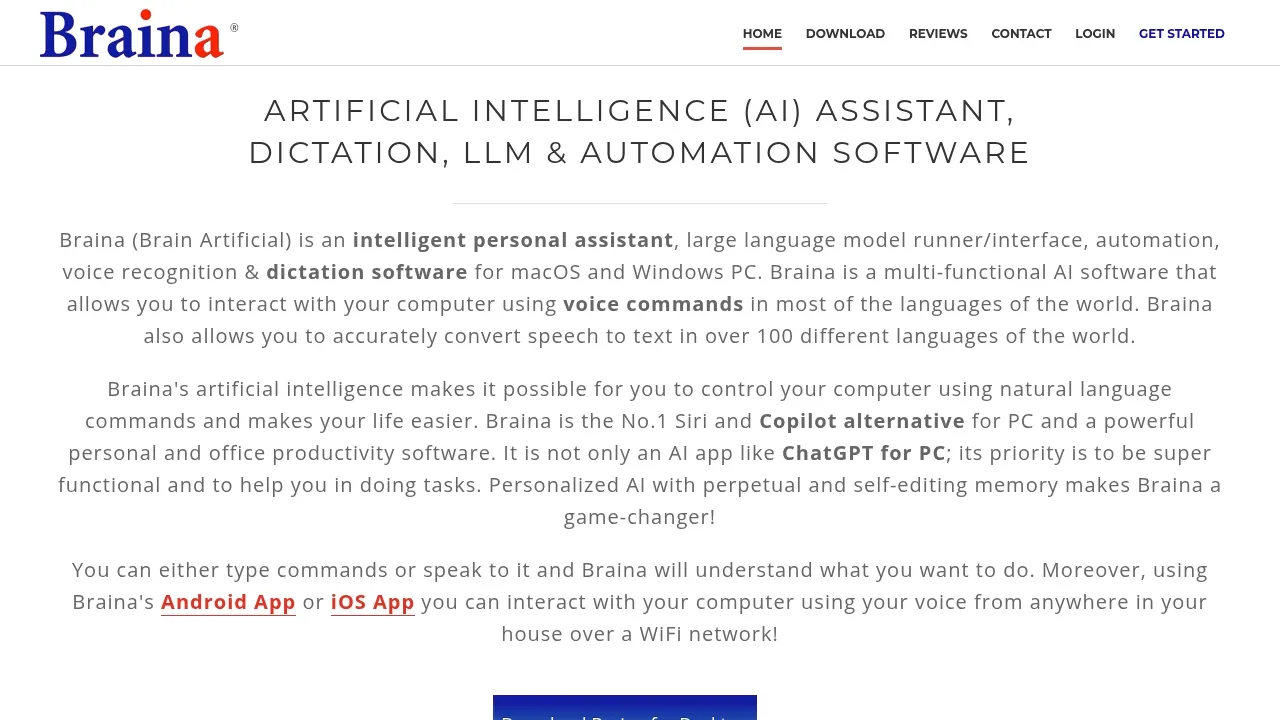 Screenshot of Braina website